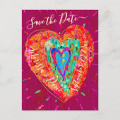 Retro Hippie Roze Turquoise Hart Save the Date Aankondigingskaart (Voorkant)