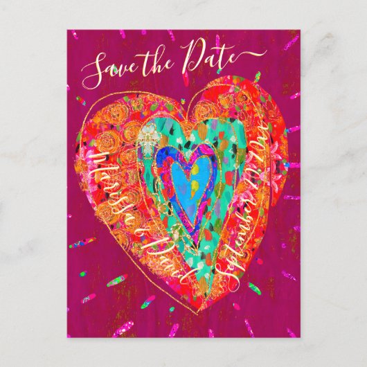 Retro Hippie Roze Turquoise Hart Save the Date Aankondigingskaart (Voorkant)