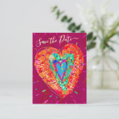 Retro Hippie Roze Turquoise Hart Save the Date Aankondigingskaart (Staand voorkant)