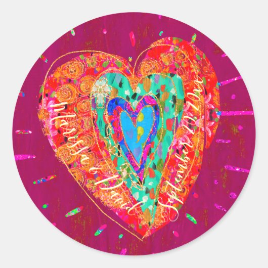 Retro Hippie Roze Turquoise Hart Save the Date Ronde Sticker (Voorkant)