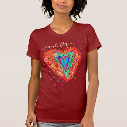 Retro Hippie Roze Turquoise Hart Save the Date T-shirt (Voorkant)