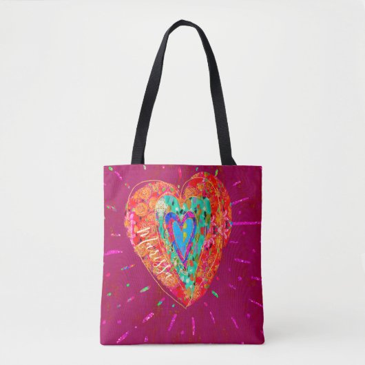 Retro Hippie roze Turquoise Heart Name Tote Bag (Voorkant)