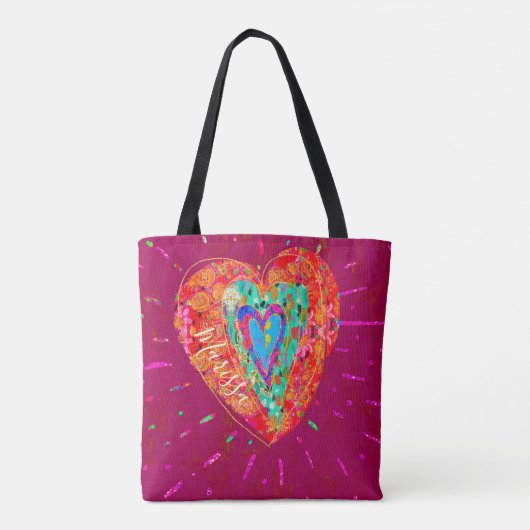 Retro Hippie roze Turquoise Heart Name Tote Bag (Achterkant)