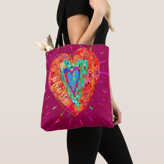 Retro Hippie roze Turquoise Heart Name Tote Bag (Dichtbij)