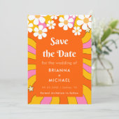 Retro Hippie Style Daisy & Oranje Arch 70s Groovy Save The Date (Staand voorkant)
