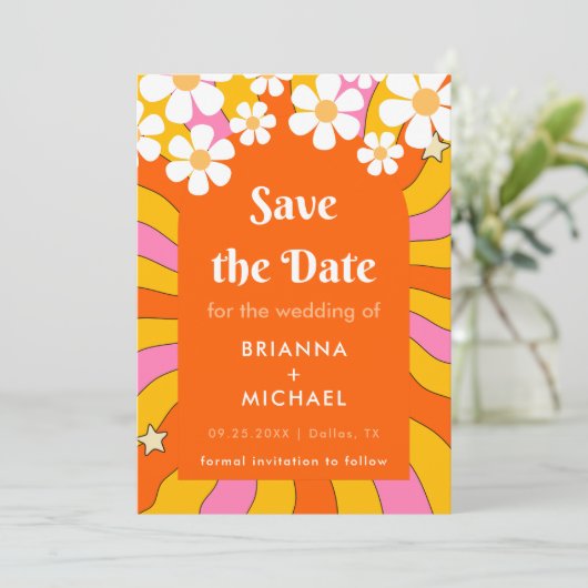Retro Hippie Style Daisy & Oranje Arch 70s Groovy Save The Date (Staand voorkant)