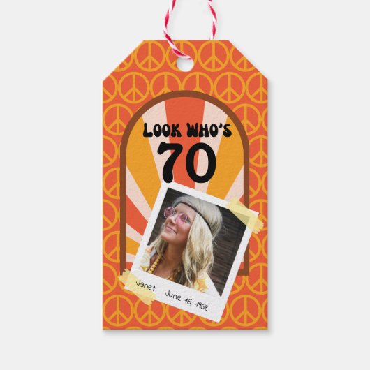 Retro Hippie Sunrise 70e aangepaste foto Verjaarda Cadeaulabel (Voorkant)