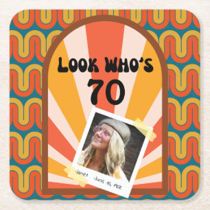 Retro Hippie Sunrise Foto Verjaardagspapier Onderz Kartonnen Onderzetters