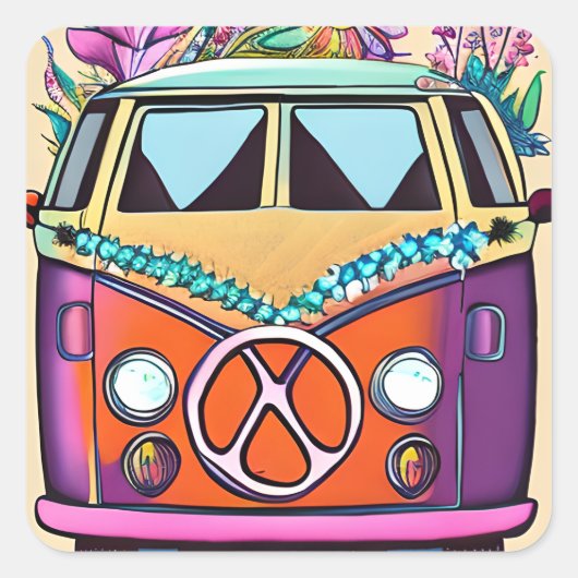 Retro Hippie Van Flowers  Kleuren Kunst Vierkante Sticker (Voorkant)