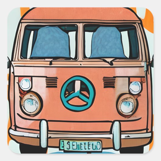 Retro Hippie Van  Kleuren Kunst Vierkante Sticker (Voorkant)