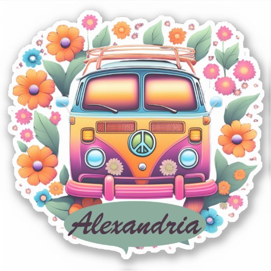 Retro Hippie Van Monogram Waterdicht Sticker (Voorkant)