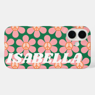 Retro Hippie Vredesbloem Groen Gepersonaliseerde N iPhone 16 Hoesje