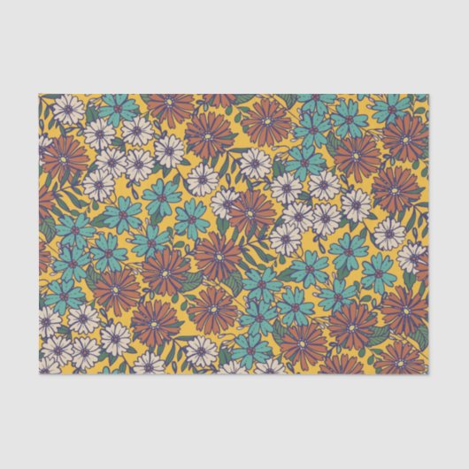 Retro Hippie Yellow Turquoise 70s Floral Pattern Tissuepapier (Voorkant)
