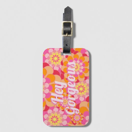 Retro Hippy Oranje roze bloemen Bagagelabel (Voorkant (verticaal))