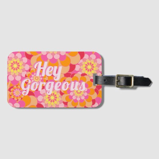 Retro Hippy Oranje roze bloemen Bagagelabel (Voorkant (horizontaal))