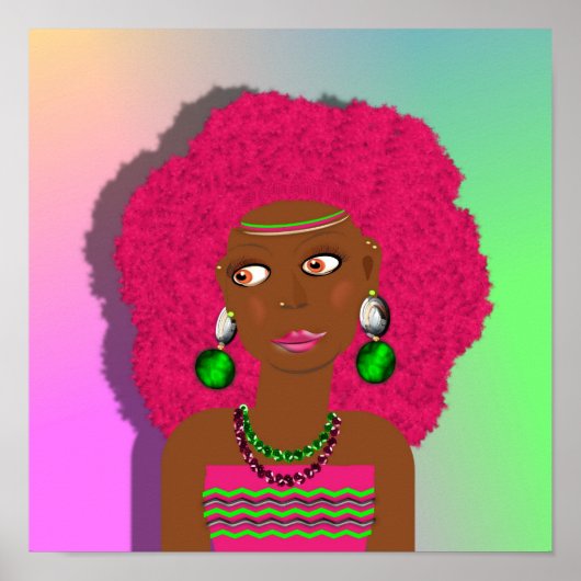 Retro Hippy Psychedelic Disco Diva Pink Afro Girl Poster (Voorkant)