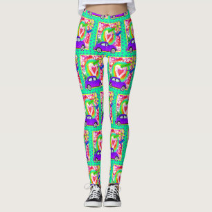 Retro Hippy Tie Dye Car Heart uit de jaren zestig Leggings