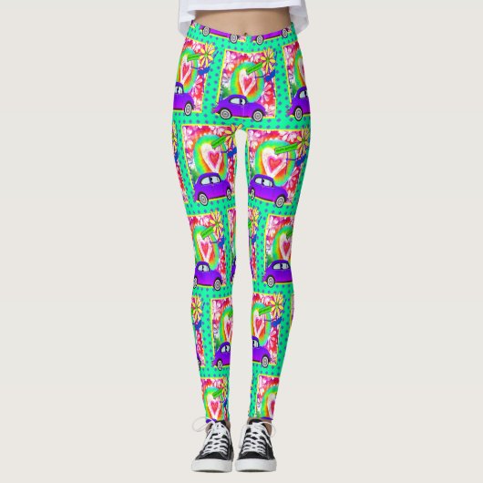 Retro Hippy Tie Dye Car Heart uit de jaren zestig  Leggings (Voorkant)