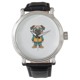 Retro Hipster Pug Hond Cartoon Streetwear Grafisch Horloge