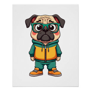 Retro Hipster Pug Hond Cartoon Streetwear Grafisch Perfect Poster