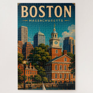Retro historische waterkant en skyline van Boston Legpuzzel