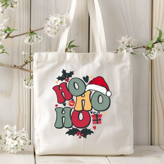 Retro Ho Ho Ho Kerstvakantie Holly Santa Hat Tote Bag