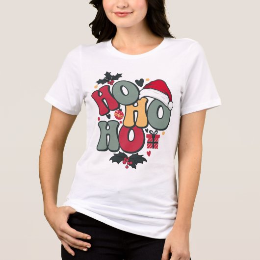 Retro Ho Ho Ho Kerstvakantie Holly Santa Hat Tri-Blend Shirt (Voorkant)