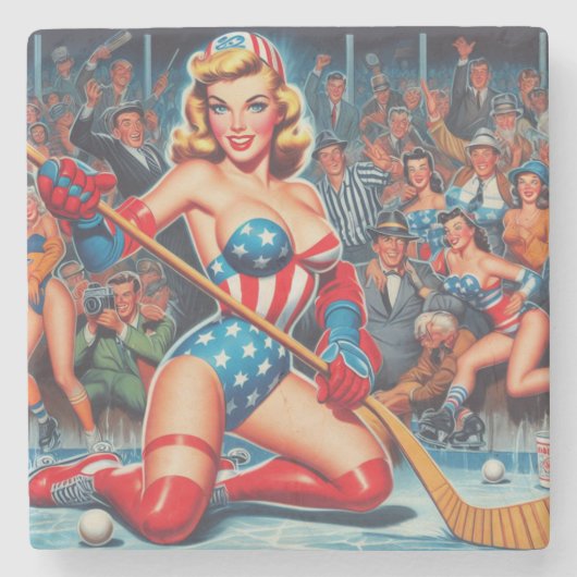 Retro Hockey Pin-up Stenen Onderzetter (Voorkant)