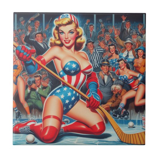 Retro Hockey Pin-up Tegeltje (Voorkant)