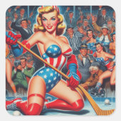 Retro Hockey Pin-up Vierkante Sticker (Voorkant)