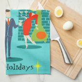 Retro Holiday Cartoon Couple Kitchen Towel Theedoek (Quarter Fold)