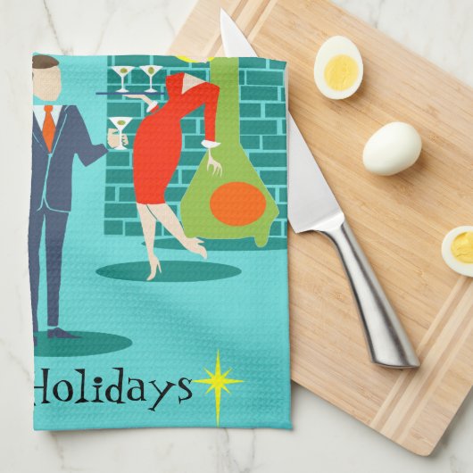 Retro Holiday Cartoon Couple Kitchen Towel Theedoek (Quarter Fold)