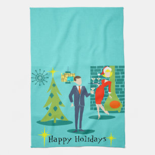Retro Holiday Cartoon Couple Kitchen Towel Theedoek