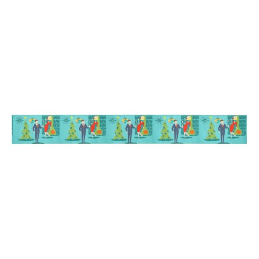 Retro Holiday Cartoon met kerstcadeau Grosgrain Lint (Voorkant)