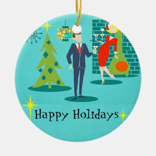 Retro Holiday Cartoon met kerstversiering Keramisch Ornament (Voorkant)