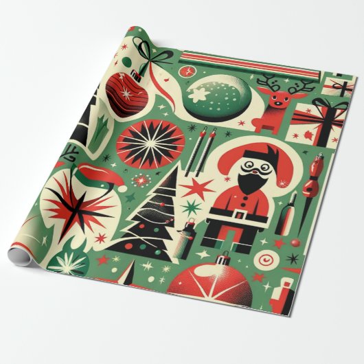 Retro Holiday Cheer Kerst inpakpapier (Uitgerold)