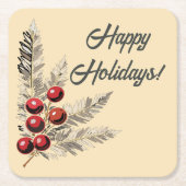 Retro Holly Berries en Evergreen Kartonnen Onderzetters (Voorkant)