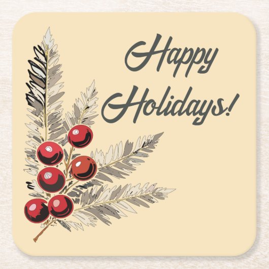 Retro Holly Berries en Evergreen Kartonnen Onderzetters (Voorkant)