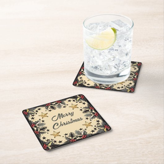 Retro Holly Berries en Evergreen Kartonnen Onderzetters (Insitu)