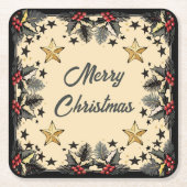 Retro Holly Berries en Evergreen Kartonnen Onderzetters (Voorkant)