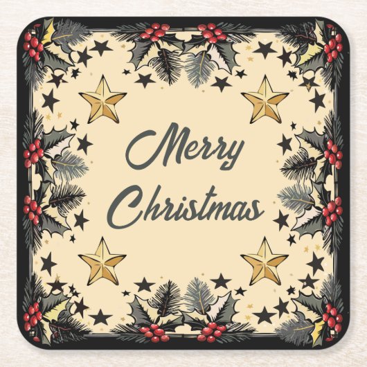 Retro Holly Berries en Evergreen Kartonnen Onderzetters (Voorkant)