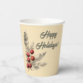 Retro Holly Berries en Evergreen Papieren Bekers (Achterkant)