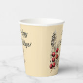 Retro Holly Berries en Evergreen Papieren Bekers (Rechts)