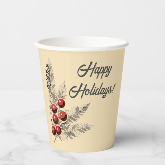 Retro Holly Berries en Evergreen Papieren Bekers (Voorkant)