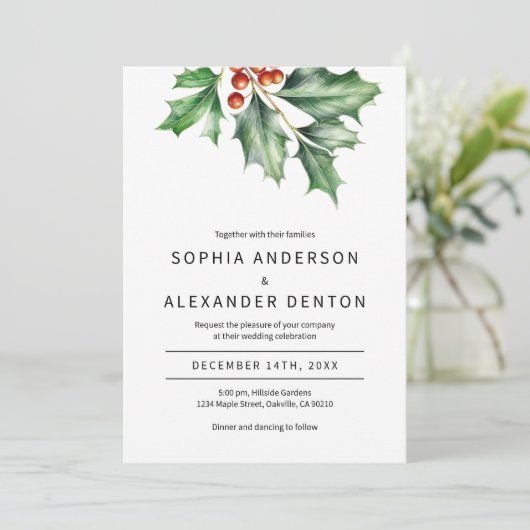 Retro holly bruiloft uitnodiging (Staand voorkant)