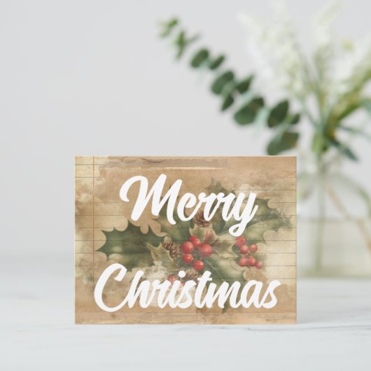 Retro Holly Grunge Vrolijk Kerstfeest Briefkaart (Staand voorkant)