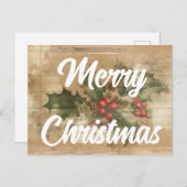 Retro Holly Grunge Vrolijk Kerstfeest Briefkaart (Voorkant / Achterkant)