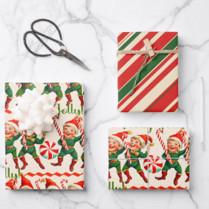 Retro Holly Jolly Christmas Elves Inpakpapier Vel