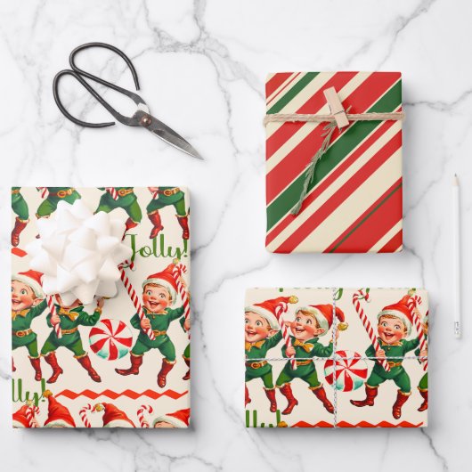 Retro Holly Jolly Christmas Elves Inpakpapier Vel (Voorkant)