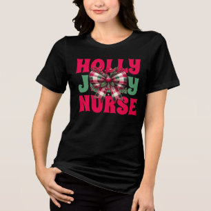 Retro Holly Jolly Nurse Kerst Coquette Bow Tri-Blend Shirt